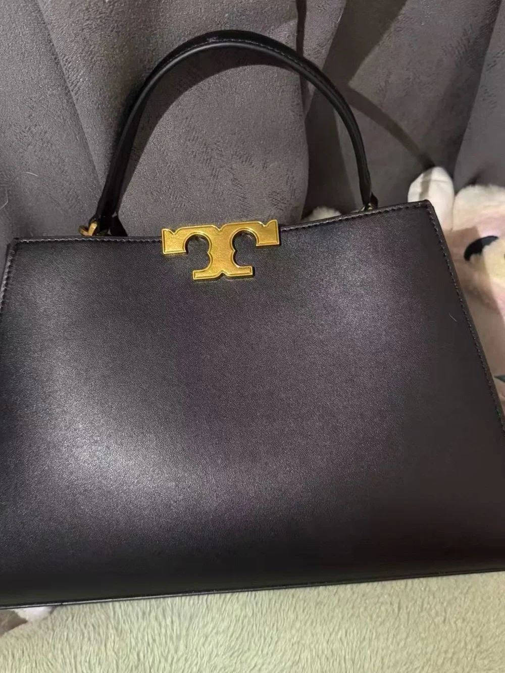 Tory Burch Black Leather Shoulder Bag with Gold Logo Accent